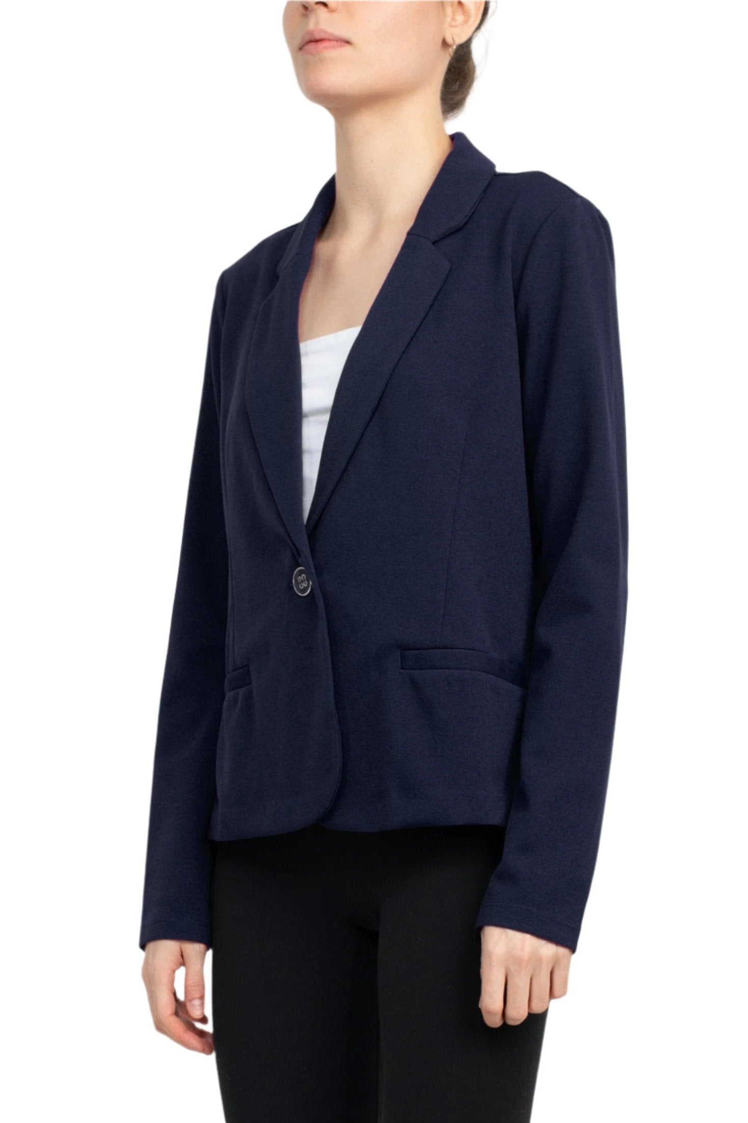 Nina Leonard Collar Neck One Button Long Sleeve Crepe Blazer - NAVY - FRONT 