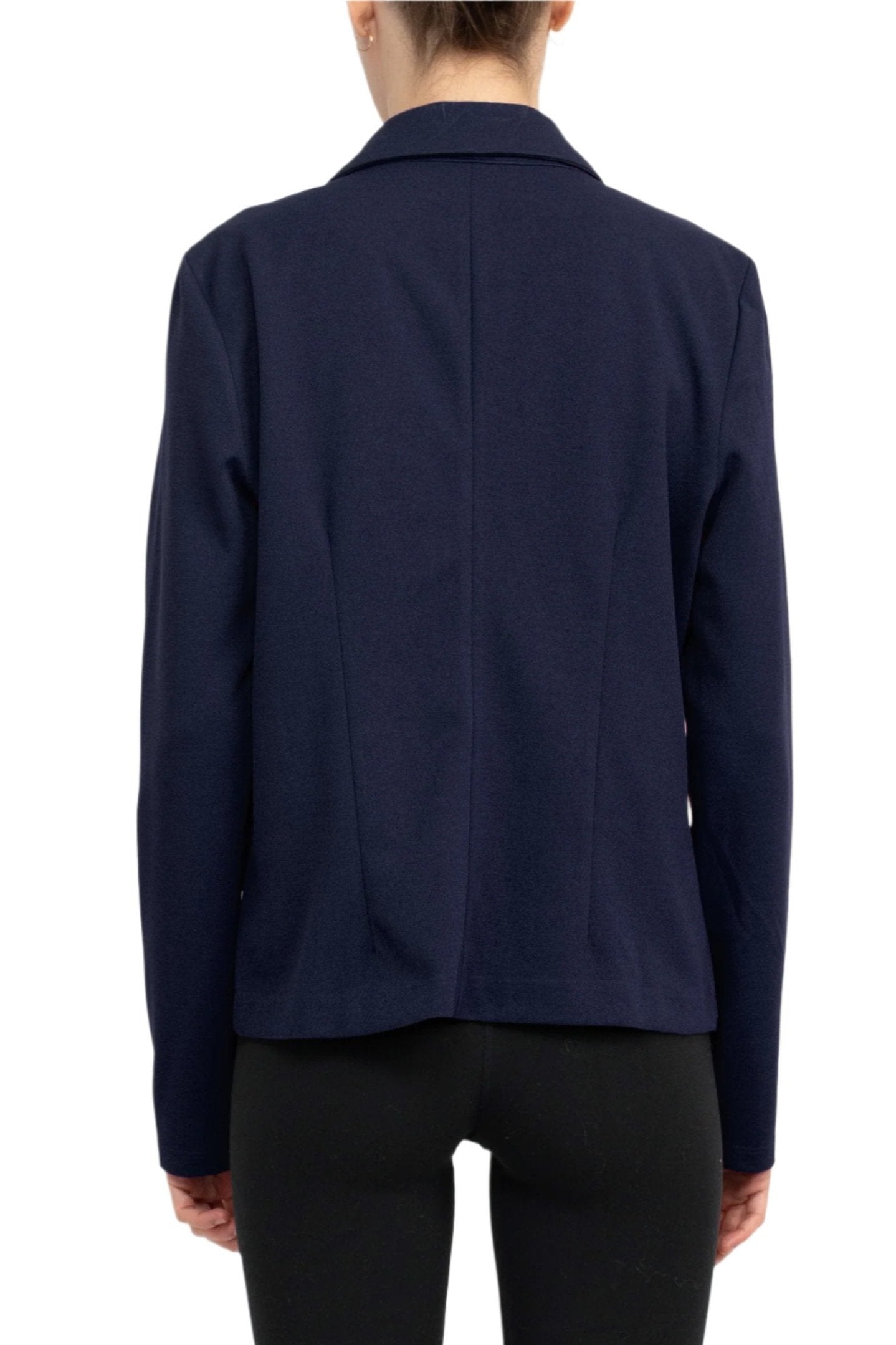 Nina Leonard Collar Neck One Button Long Sleeve Crepe Blazer - NAVY - BACK 