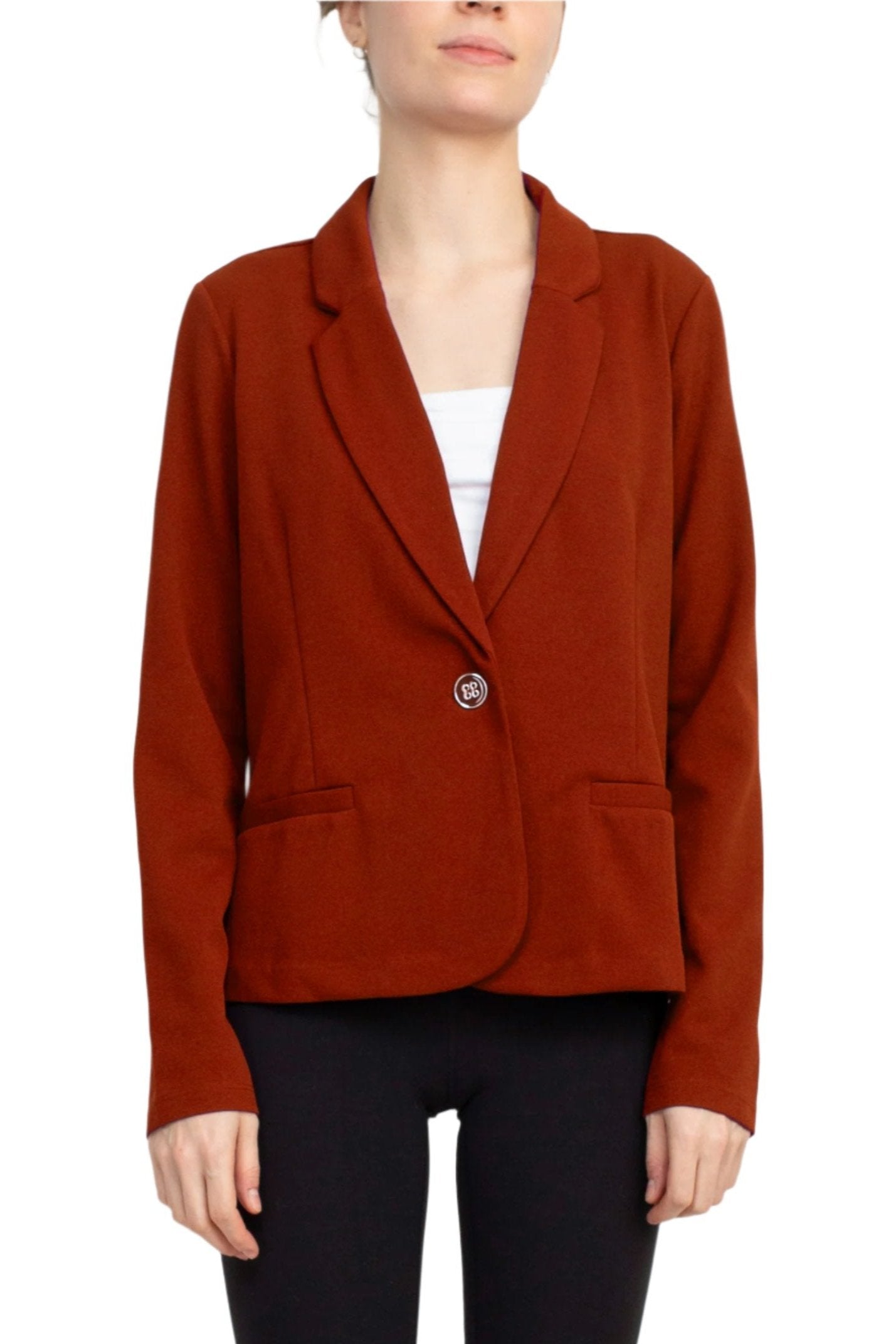 Nina Leonard Collar Neck One Button Long Sleeve Crepe Blazer - PUMPKIN SPICE - FRONT 