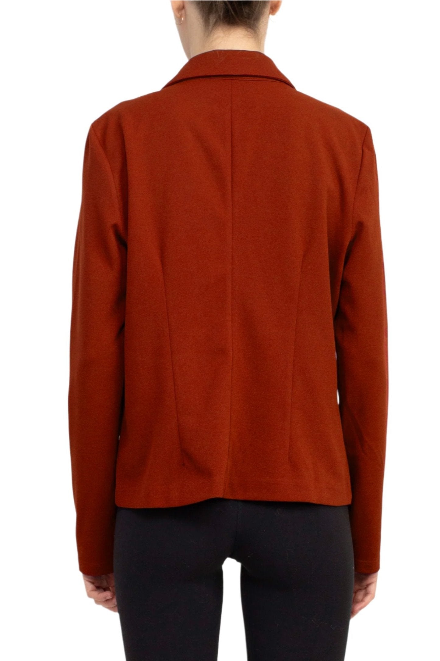 Nina Leonard Collar Neck One Button Long Sleeve Crepe Blazer - PUMPKIN SPICE - BACK 