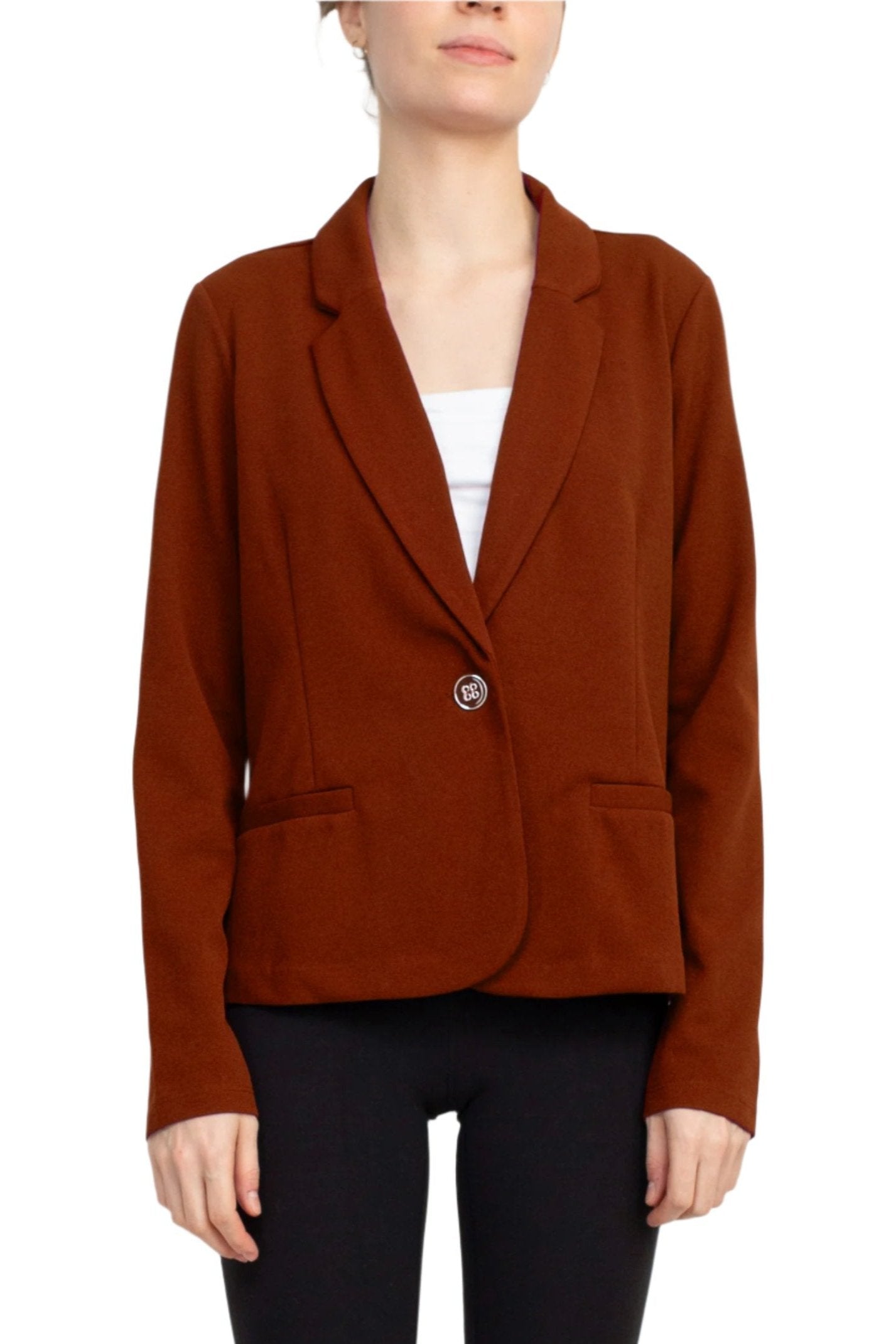 Nina Leonard Collar Neck One Button Long Sleeve Crepe Blazer - RUST - FRONT VIEW 