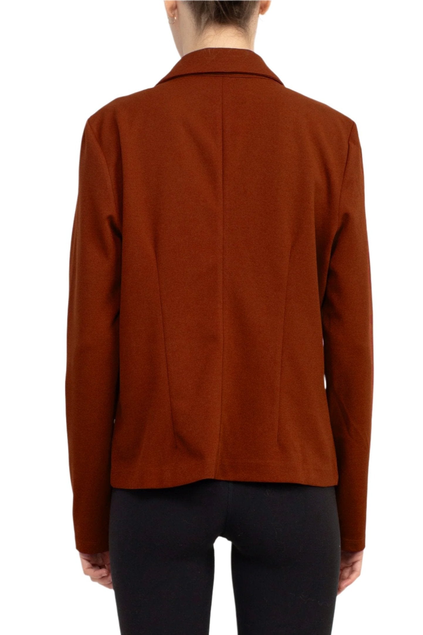 Nina Leonard Collar Neck One Button Long Sleeve Crepe Blazer - RUST - BACK VIEW 