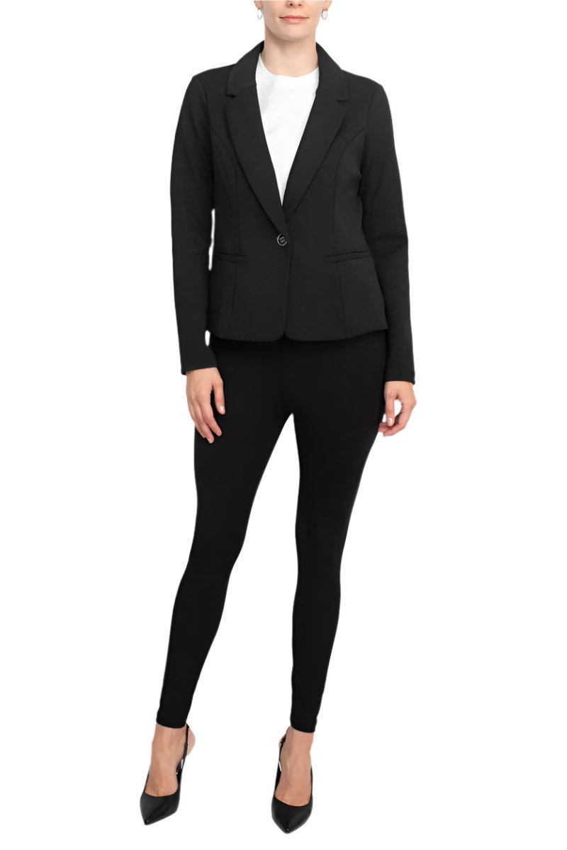 Nina Leonard Collar Neck One Button Long Sleeve Crepe Blazer - BLACK - FRONT FULL VIEW 