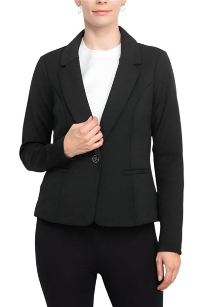 Nina Leonard Collar Neck One Button Long Sleeve Crepe Blazer - BLACK - FRONT 