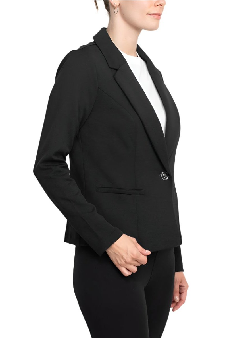 Nina Leonard Collar Neck One Button Long Sleeve Crepe Blazer - BLACK - SIDE 