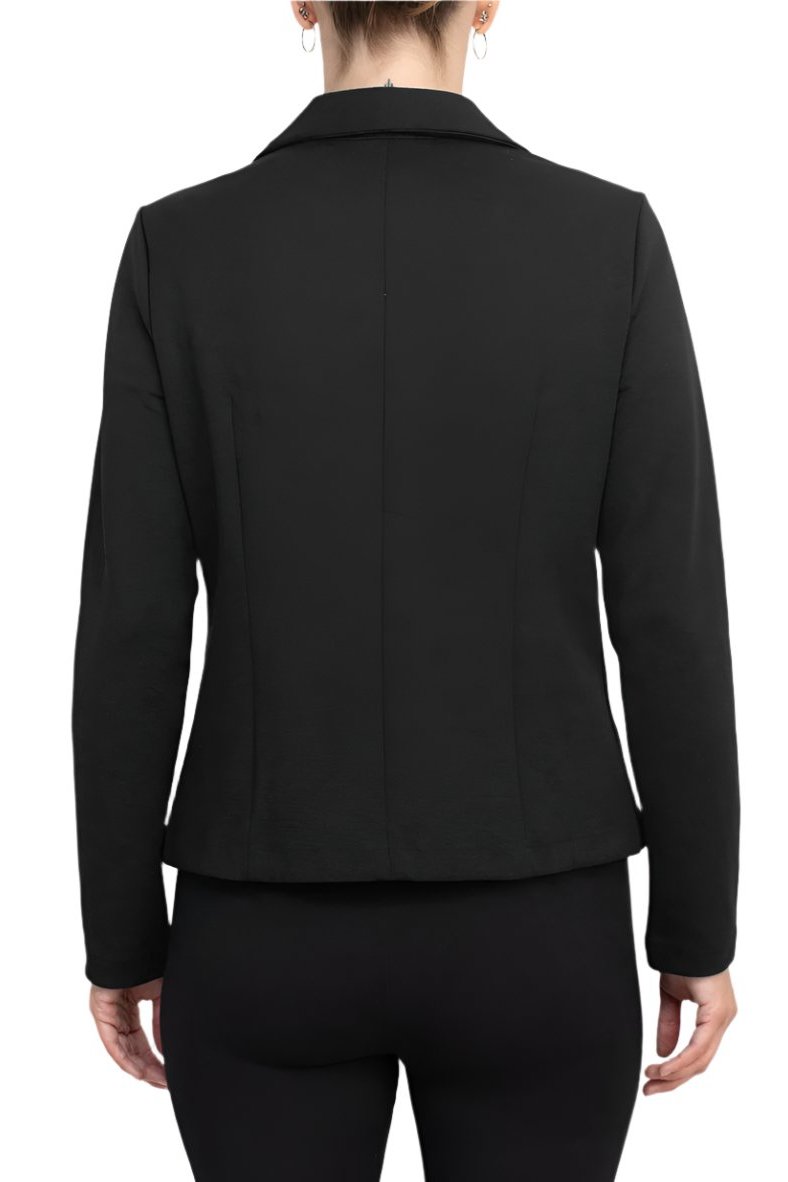 Nina Leonard Collar Neck One Button Long Sleeve Crepe Blazer - BLACK - BACK VIEW 