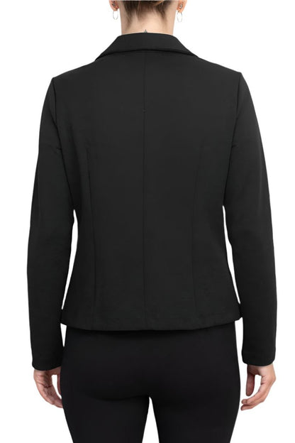 Nina Leonard Collar Neck One Button Long Sleeve Crepe Blazer - BLACK - BACK VIEW 