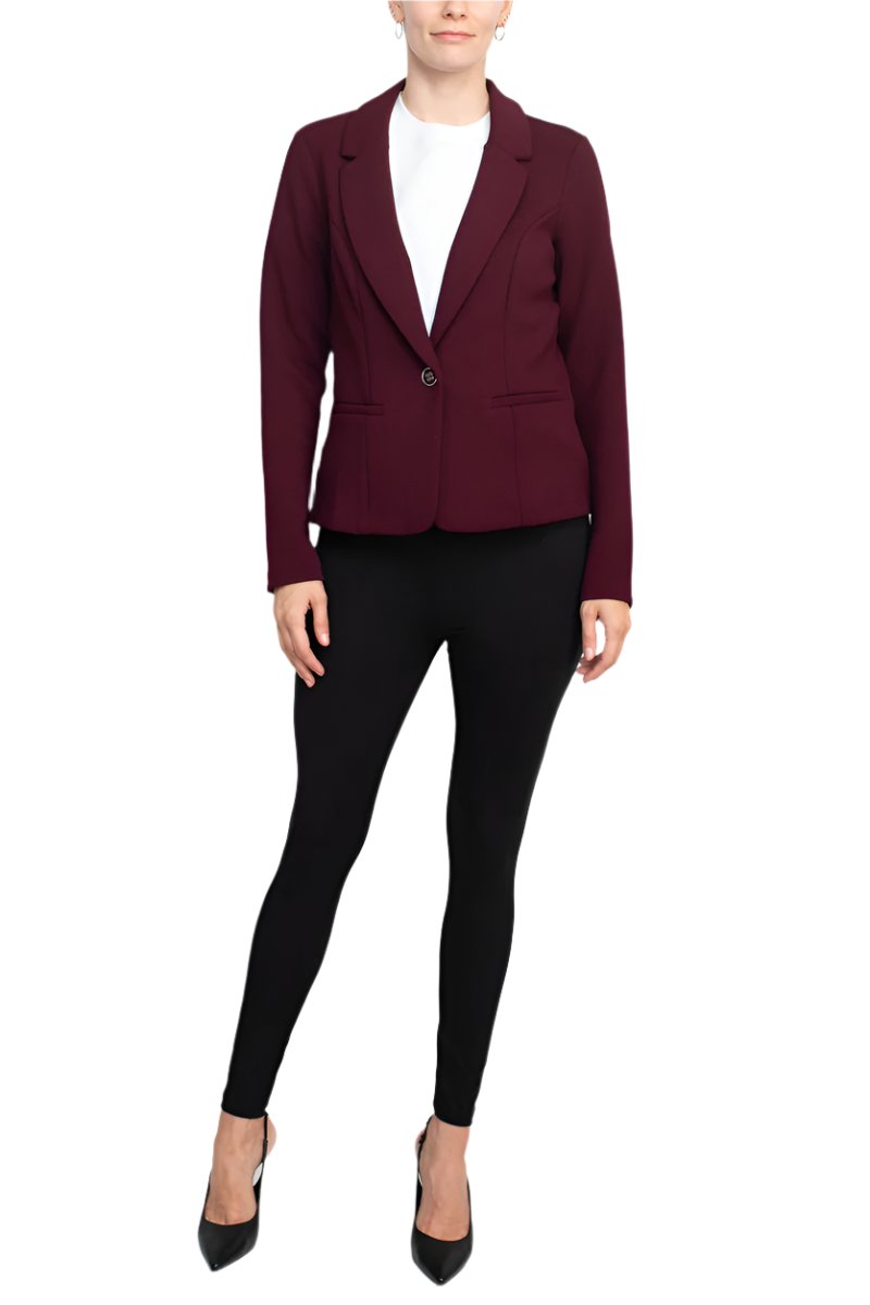 Nina Leonard Collar Neck One Button Long Sleeve Crepe Blazer - DEEP WINE - FRONT FULL VIEW 