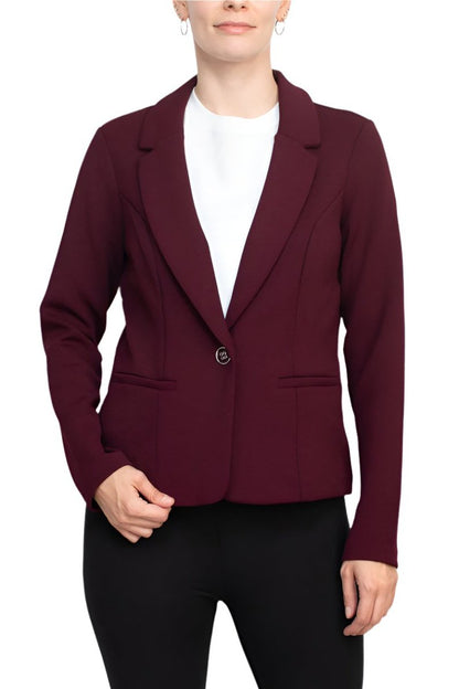 Nina Leonard Collar Neck One Button Long Sleeve Crepe Blazer - DEEP WINE - FRONT VIEW 