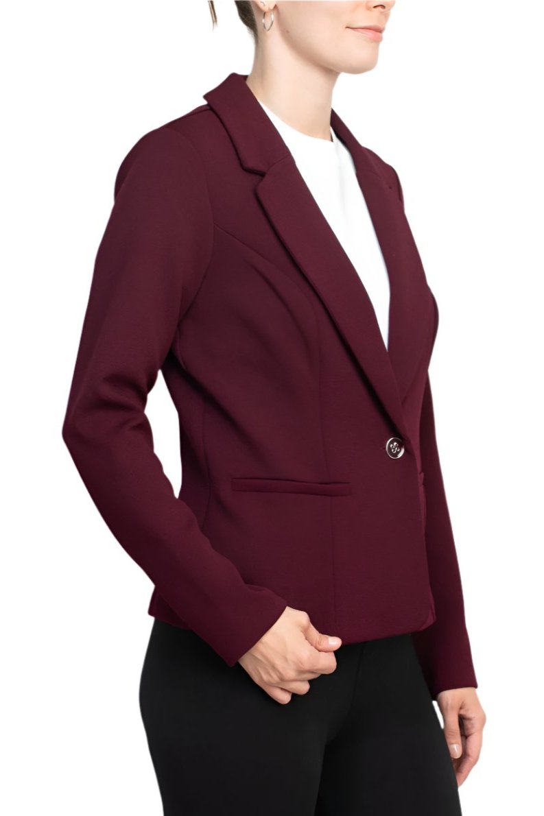 Nina Leonard Collar Neck One Button Long Sleeve Crepe Blazer - DEEP WINE - SIDE VIEW 