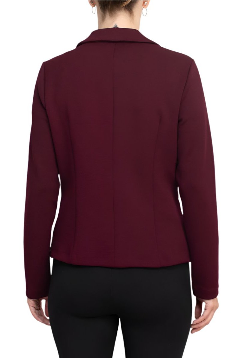 Nina Leonard Collar Neck One Button Long Sleeve Crepe Blazer - DEEP WINE - BACK VIEW 