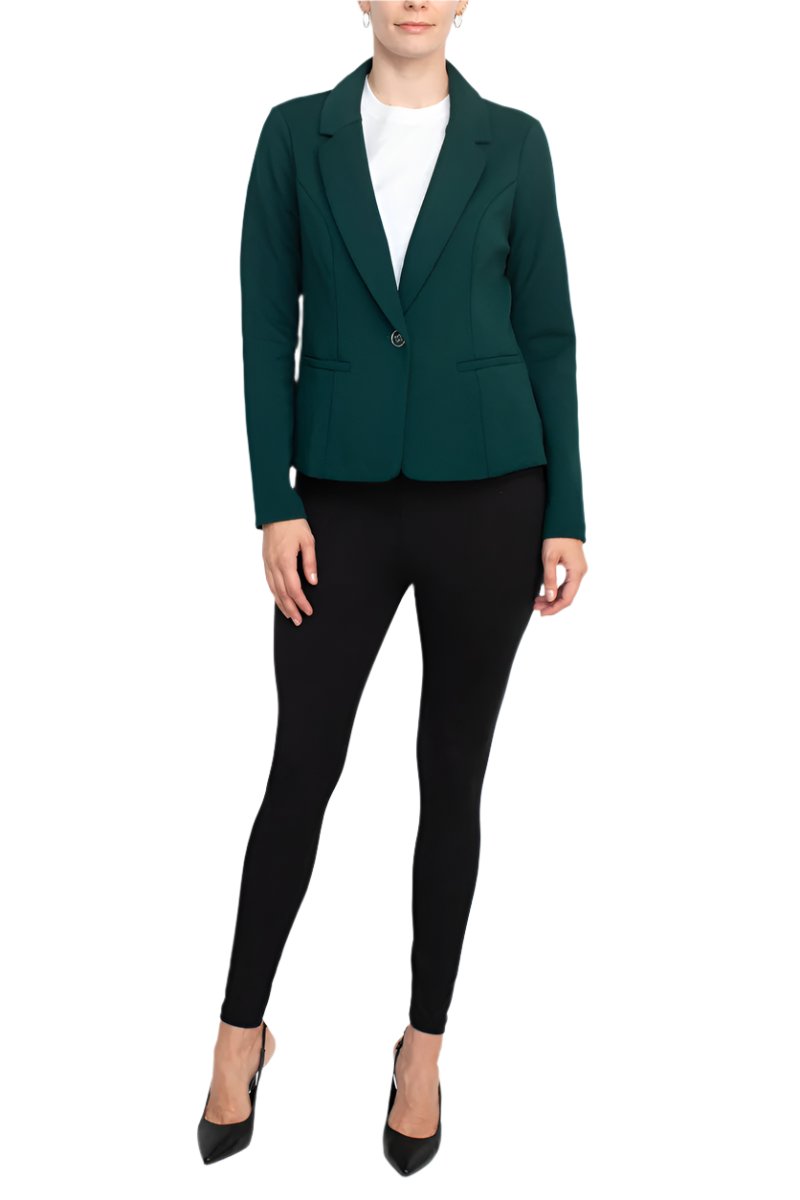 Nina Leonard Collar Neck One Button Long Sleeve Crepe Blazer - RICH PINE - FRONT FULL VIEW 