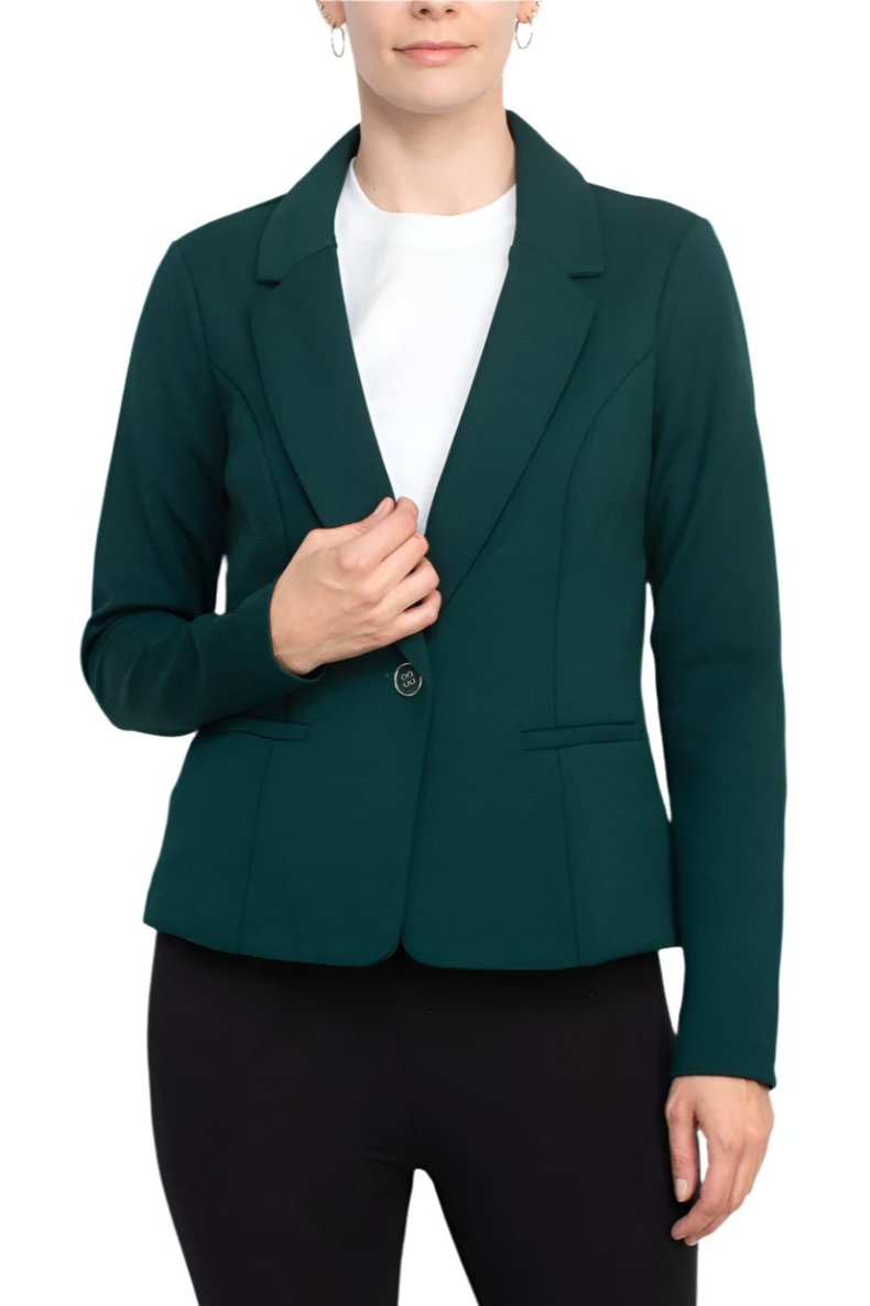 Nina Leonard Collar Neck One Button Long Sleeve Crepe Blazer - RICH PINE - FRONT 