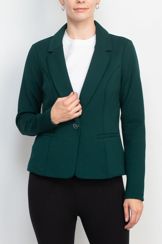 Nina Leonard Collar Neck One Button Long Sleeve Crepe Blazer - RICH PINE - FRONT 