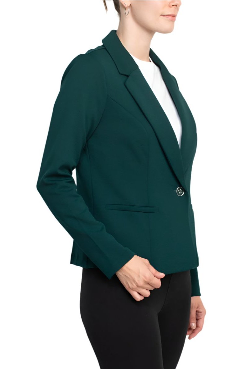 Nina Leonard Collar Neck One Button Long Sleeve Crepe Blazer - RICH PINE - SIDE 