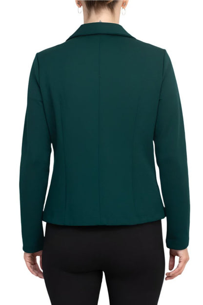 Nina Leonard Collar Neck One Button Long Sleeve Crepe Blazer - RICH PINE - BACK 