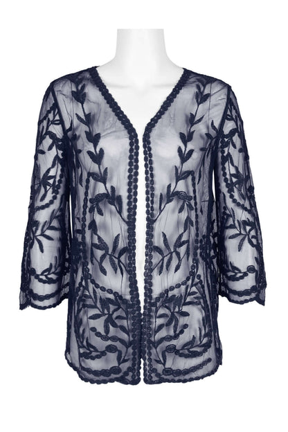 Nina Leonard V-Neck Open Front 3/4 Sleeve Floral Embroidered Mesh Jacket - NAVY - Front