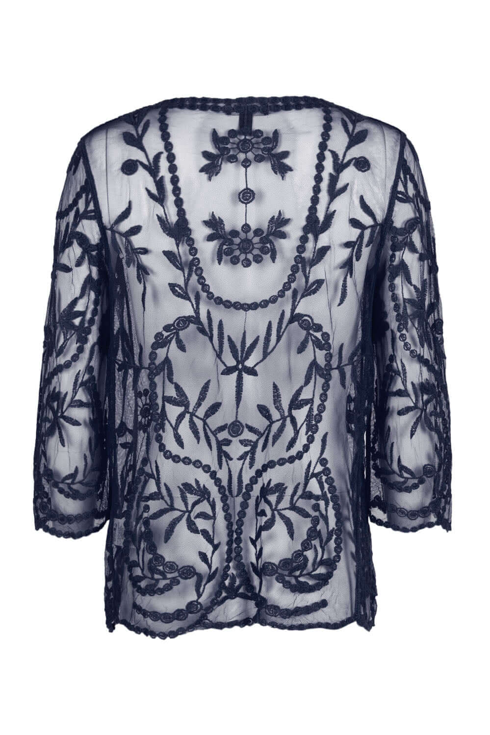 Nina Leonard V-Neck Open Front 3/4 Sleeve Floral Embroidered Mesh Jacket - NAVY - Back