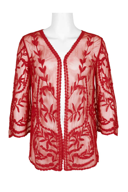 Nina Leonard V-Neck Open Front 3/4 Sleeve Floral Embroidered Mesh Jacket - RED - Front