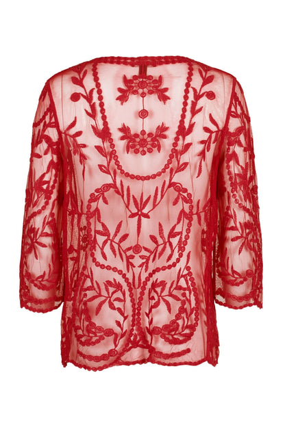 Nina Leonard V-Neck Open Front 3/4 Sleeve Floral Embroidered Mesh Jacket - RED - Back