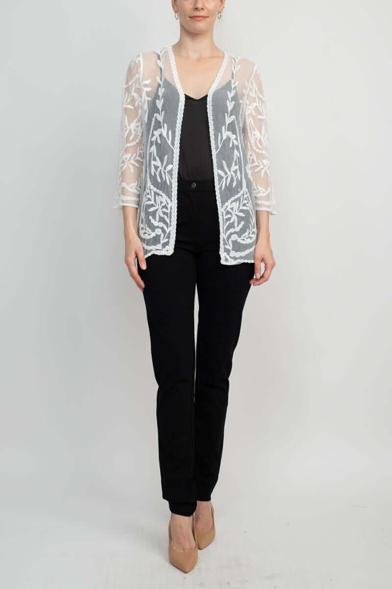 Nina Leonard V-Neck Open Front 3/4 Sleeve Floral Embroidered Mesh Jacket - WHITE - Front Full View