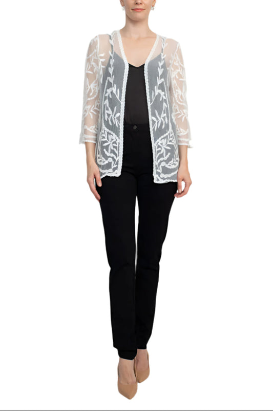 Nina Leonard V-Neck Open Front 3/4 Sleeve Floral Embroidered Mesh Jacket - WHITE - Front Full View