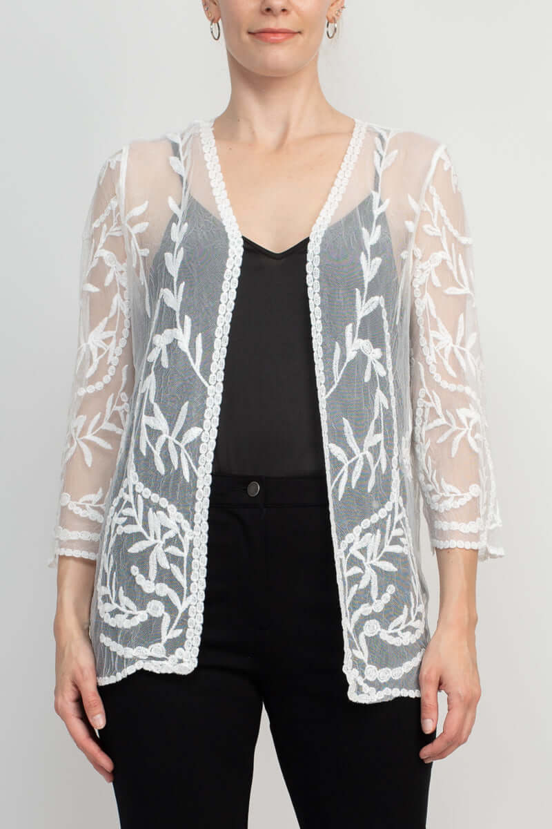 Nina Leonard V-Neck Open Front 3/4 Sleeve Floral Embroidered Mesh Jacket - WHITE - Front