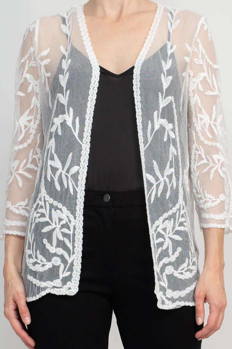 Nina Leonard V-Neck Open Front 3/4 Sleeve Floral Embroidered Mesh Jacket - WHITE - Front View