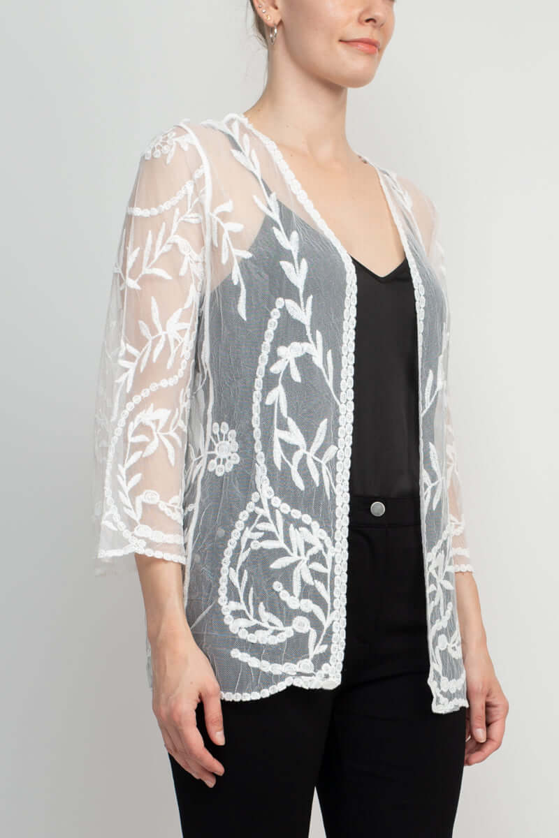 Nina Leonard V-Neck Open Front 3/4 Sleeve Floral Embroidered Mesh Jacket - WHITE - Side