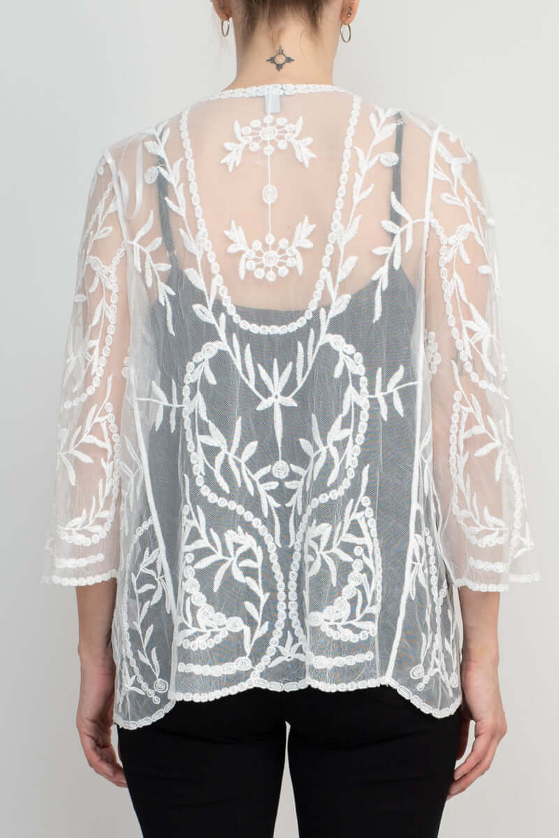 Nina Leonard V-Neck Open Front 3/4 Sleeve Floral Embroidered Mesh Jacket - WHITE - Back