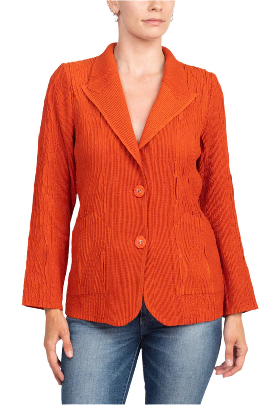 Flair Notched Collar Long Sleeve 2 Button Closure Solid Textured Jacket - SPICE - FRONT 