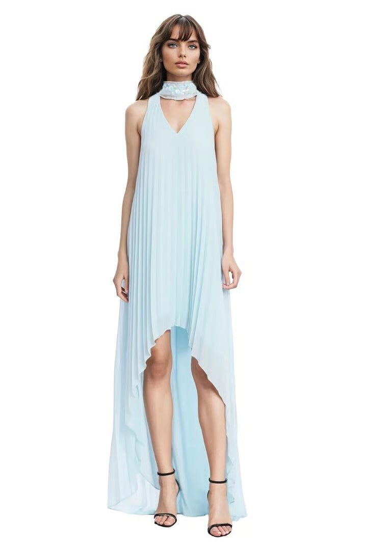 Square Neck Combo Pleated Dress Jewel by Badgley Mischka J0704