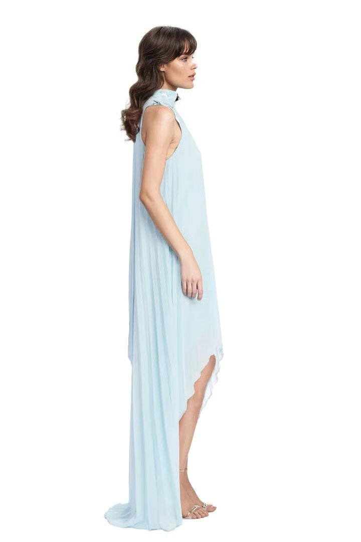 Square Neck Combo Pleated Dress Jewel by Badgley Mischka J0704