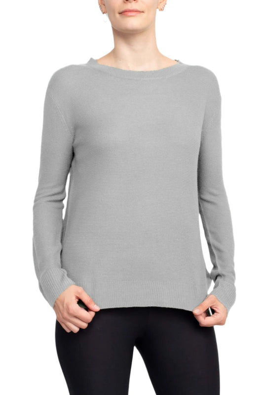 Melrose Chic Crew Neck Long Sleeve Knit Top - LIGHT GREY - Front