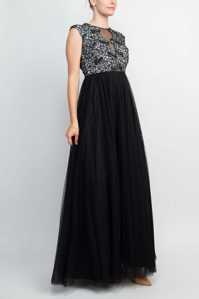 Aidan Mattox Crew Neck Illusion Sleeveless Floral Open Back Embroidered Bodice Ruched Mesh Dress - BLACK IVORY -  Side view