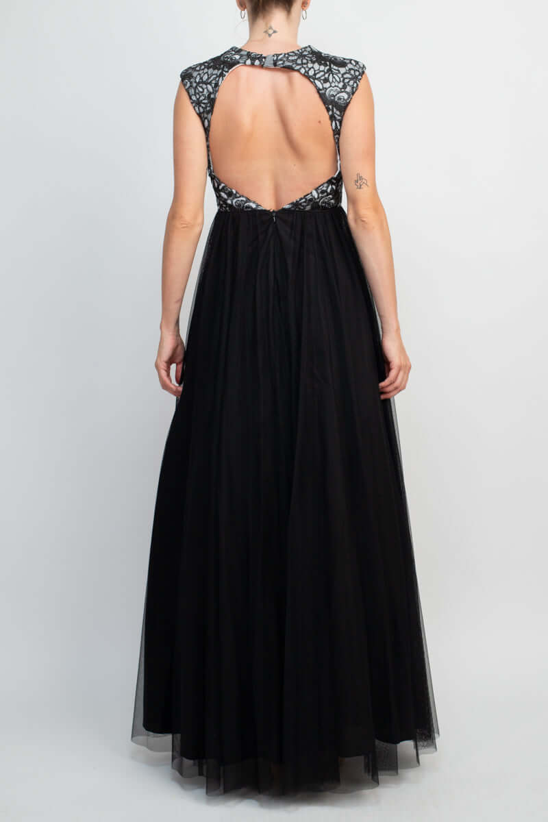 Aidan Mattox Crew Neck Illusion Sleeveless Floral Open Back Embroidered Bodice Ruched Mesh Dress - BLACK IVORY - Back view