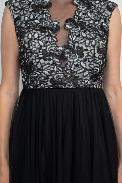 Aidan Mattox Crew Neck Illusion Sleeveless Floral Open Back Embroidered Bodice Ruched Mesh Dress - BLACK IVORY -  Fabric 