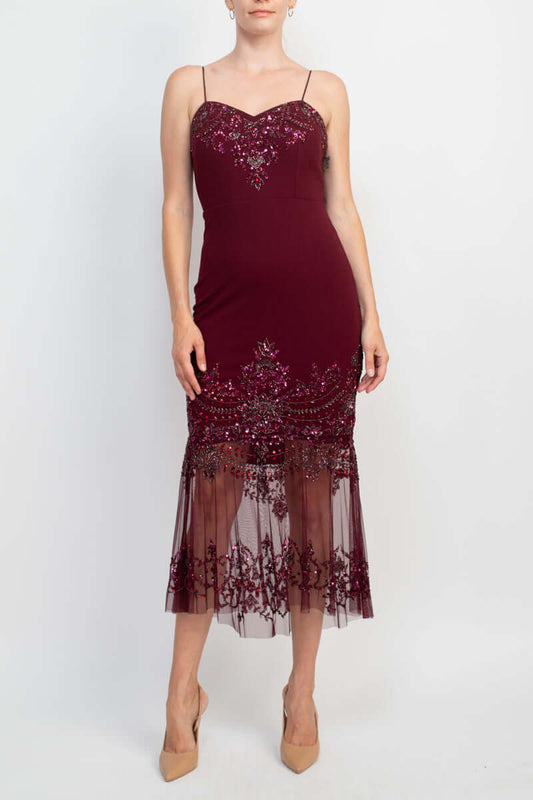 Aidan Mattox Spaghetti Strap Embellished Bodycon Zipper Back Illusion Crepe Dress - WINE - Front