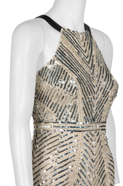 Aidan Mattox Halter Neck Zipper Back Sheath Beaded Sequin Dress - CHAMPAGNE - Neck View