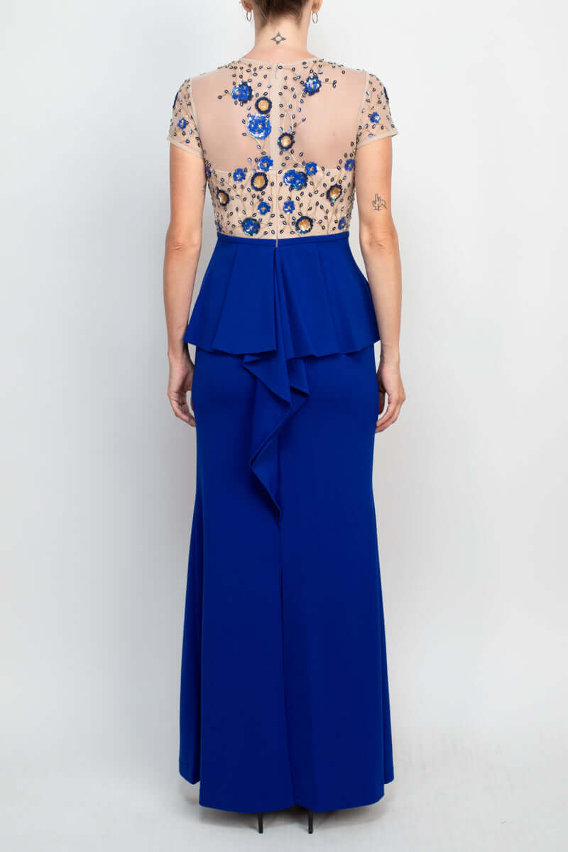 Aidan Mattox Crew Neck Short Sleeve Illusion Zipper Back Ruffled Embroidered Crepe Mesh Dress - COBALT - back 