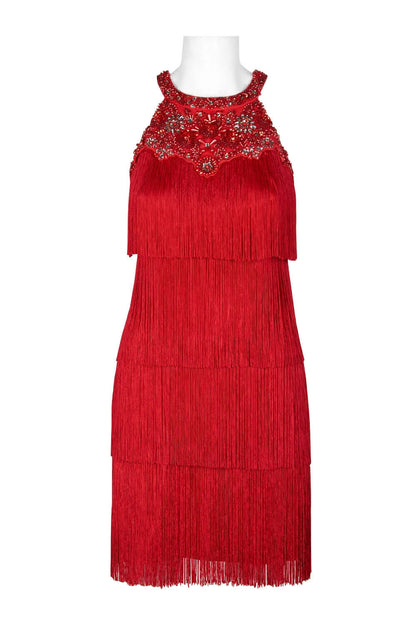 Aidan Mattox Embellished Halter Neck Keyhole Back Tiered Tassel Dress - RED - Front