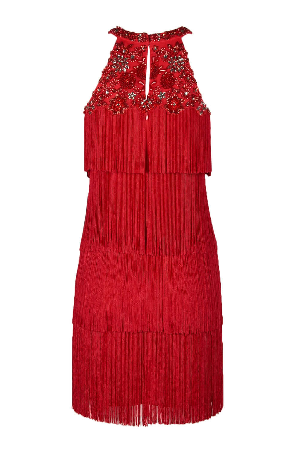 Aidan Mattox Embellished Halter Neck Keyhole Back Tiered Tassel Dress - RED - Back 