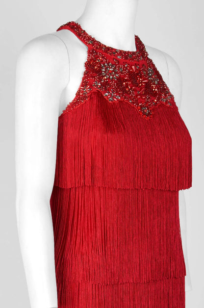 Aidan Mattox Embellished Halter Neck Keyhole Back Tiered Tassel Dress - RED - Side