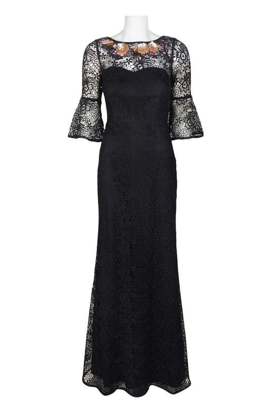 Aidan Mattox Embellished Boat Neck Circular Flounce 3/4 Sleeve Scoop Back Floral Lace Gown - BLACK -  Front 