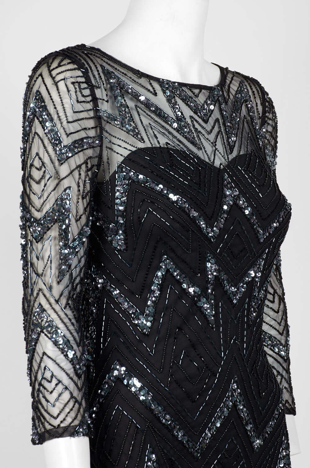 Aidan Mattox Boat Neck Illusion 3/4 Sleeve Zipper Back Embellished Mesh Dress - GUNMETAL - Side