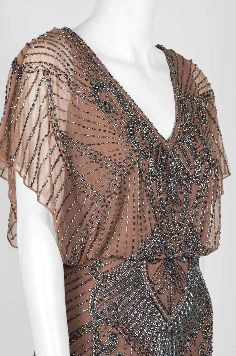 Aidan Mattox V-Neck Short Sleeve Blouson Illusion Embellished Zipper Back Mesh Dress - MINK - Neck View