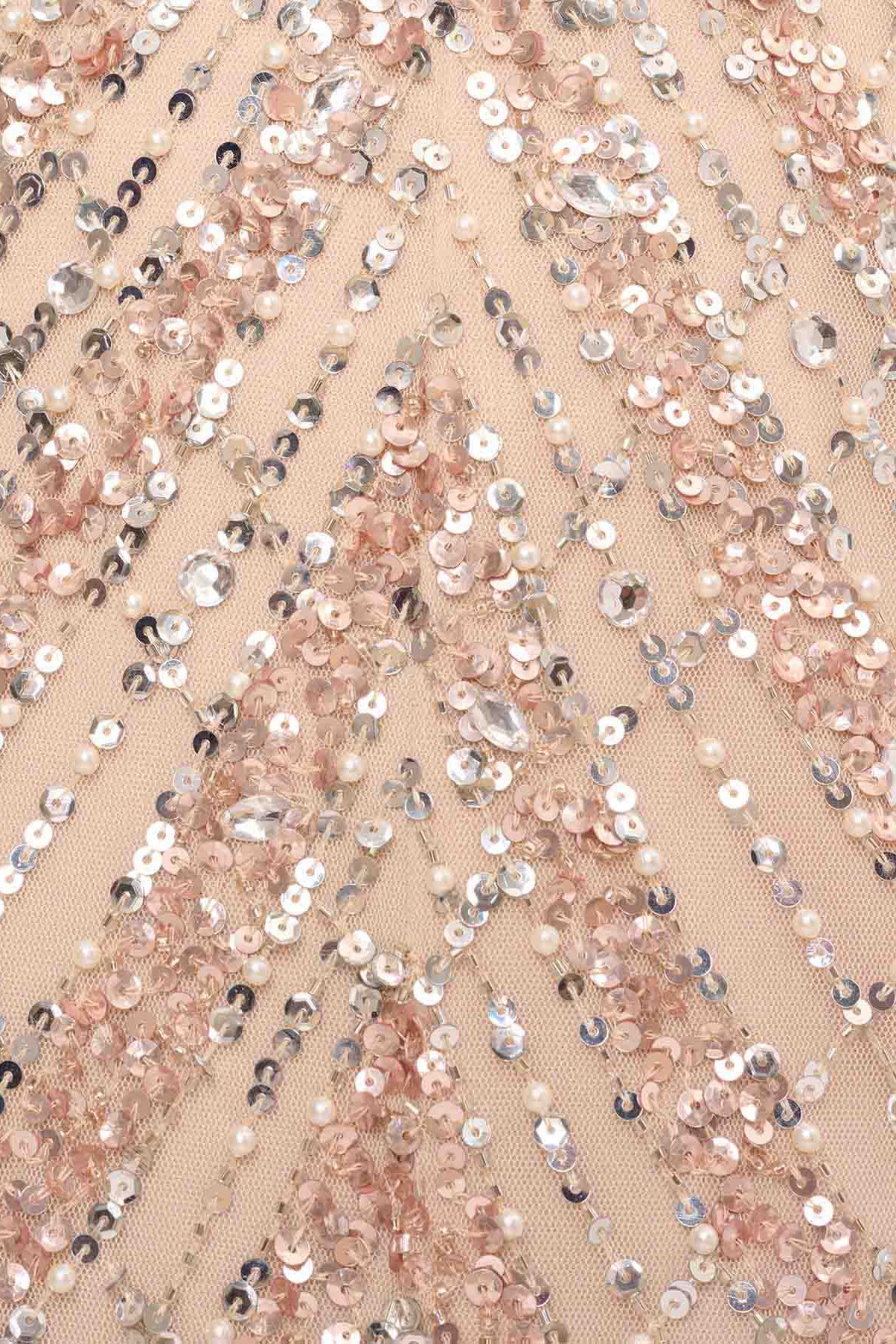 Aidan Mattox V-Neck Cape Sleeve Sheath Zipper Back Slit Front Embellished Mesh Dress - BLUSH - Fabric