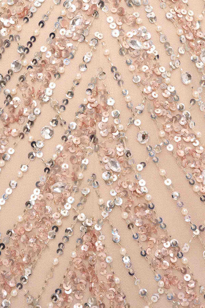 Aidan Mattox V-Neck Cape Sleeve Sheath Zipper Back Slit Front Embellished Mesh Dress - BLUSH - Fabric