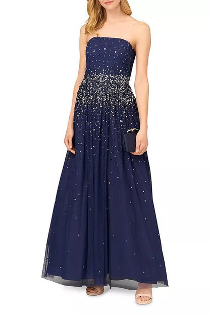 Aidan Mattox Beaded Strapless Ball Gown with Removeable Beaded Cape - Wholesale - NAVY -  front view