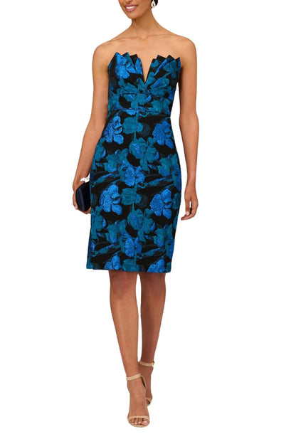 Aidan Mattox Stretch Strapless Sleeveless Pleated Bodice Sheath Dress - Wholesale - BLUE MULTI - Front view